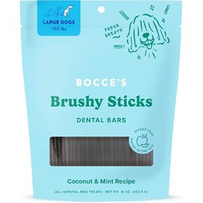 Bocce’s Bakery Dailies Brushy Sticks to Support Oral Health & Fresh Breath, Wheat-Free Dental Bars for Dogs, Made with Real Ingredients, Baked in the USA, All-Natural Coconut & Mint Recipe, Large Dogs