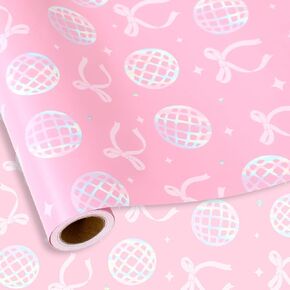 Jarthenaamcs Bow Disco Ball Wrapp Paper - Mini Roll - 17 inch × 32.8 قدمًا ورقة غلاف هدايا وردية لـ Coquette Bachelorette Party Diy Crafts Supplies