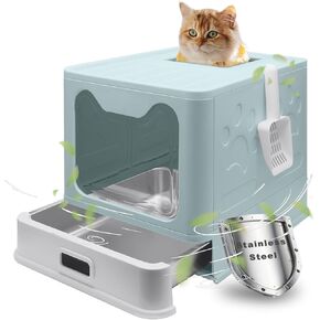 Stainless Steel Litter Box, Foldable Enclosed Cat Litter Box with Lid, Large Top Exit Design with Pull-Out Drawer & Scoop, Easy Clean Odor Control -Pink