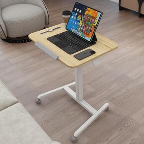 PUNCIA 90°Tiltable Small Standing Desk with Stoppers Mobile Rolling Laptop Table on Wheels Pneumatic Adjustable Height Computer Workstation Stand Up Cart Bedside Overbed Table for Home Office Natural