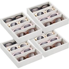Amylove 4 Pcs Large Glasses Box Tray 8 Grids Stackable Jewelry Display Organizer Detachable Sunglass Holder (Beige)