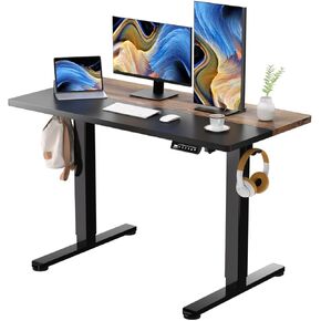 Black Standing Desk, 48 X 24 Inch Adjustable Height Electric, Sit Stand With 2 Hooks, Ergonomic Rising With Splice Board, Black & Rustic Brown