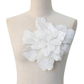 Beaded Feather Appliques for Dress Belt Handcrafted Sequin Floral Embellishment Clothing Accent 3D Flower Patches Sew on Accessory DIY Craft Hat Adornment (Bead White)
