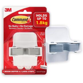 Command Broom and Mop Grippers Wall Hook, Damage Free Hanging Wall Mount Broom and Mop Holder, No Tools Household Cleaning Organizer for Living Spaces, 1 Hanger and 2 Command Strips