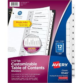 Avery 12 TAB Dividers for 3 RINGERS ، جدول محتويات قابل للتخصيص ، علامات تبويب بيضاء كلاسيكية ، مجموعة واحدة (11140)