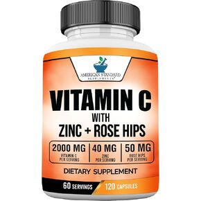 Vitamin C 2000mg with Zinc 40mg Per Serving and Rose Hips Extract, Immune Support for Adults, Immune Booster, Vegan Non GMO, No Filler, No Stearate, 120 Vegan Capsules, 60 Day Supply