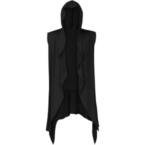 Men's Sleeveless Hooded Cardigan –Lightweight Long Shawl Vest Sweater with Ruffled Collar