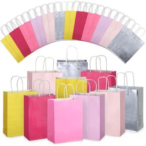 SkyyGemm 32 PCS Paper Gift Pags Ball مع المقبض ، 6.3 × 3.2 × 8.6 بوصة ألوان متنوعة Kraft Goodie Wrap Flag for Birthday Party Forme Decor (لون الباستيل)