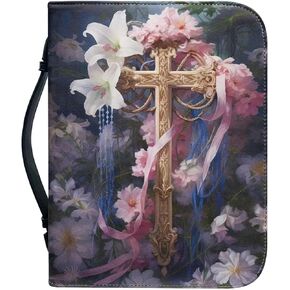 COEQINE Pink Floral Lily Cross Print Bible Cover with Handles, Portable Zippered Bible Carrying Case for Women Size 2XL