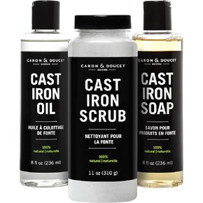 CARON & DOUCET - Ultimate Cast Iron Set: Seasoning Oil, Cleaning Soap & Restoring Scrub | 100% Plant-Based & Best for Cleaning Care, Washing, Restoring & Seasoning Cast Iron Skillets, Pans & Grills!