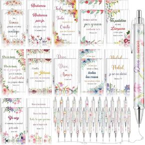 48 Pcs Spanish Christian Bulk Gifts for Women 24 Bible Verse Pens 24 Bible Notebooks Christian Gifts for Mother's Day Nurse Teacher Women(Flowers)