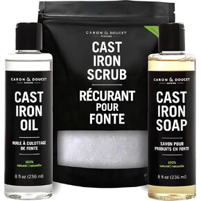 CARON & DOUCET - Ultimate Cast Iron Set: Seasoning Oil, Cleaning Soap & Restoring Scrub | 100% Plant-Based & Best for Cleaning Care, Washing, Restoring & Seasoning Cast Iron Skillets, Pans & Grills!