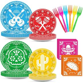 96 PCS Mexican Fiesta Tableware Cinco de Mayo Party Supplies for 24 ضيفًا من اللوحات المكسيكية Picado Plates Fadings for Party Decorations Fiesta Taco عيد ميلاد استحمام الطفل