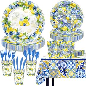 169 PCS Capri Lemon Party Decorations Amalfi Coast Lemon Party Supplies تقدم 24 صيفًا من أدوات المائدة المتوسطة المتوسط