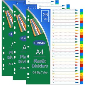 26-Tab A4 Plastic Binder Dividers-3 Sets,A-Z Letter File Dividers Multicolor Binder Dividers with Tabs,11 Hole Fits Most 2/3/4 Ring Binder
