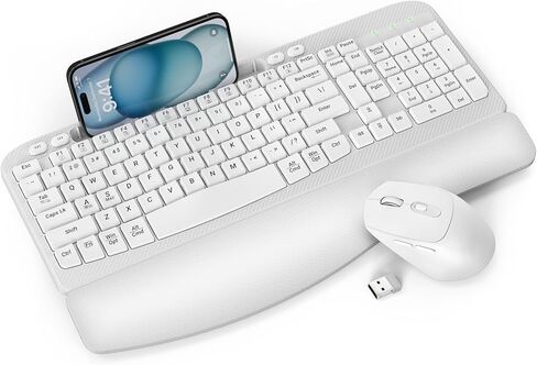 مجموعة لوحة مفاتيح وماوس لاسلكية، لوحة مفاتيح مريحة لاسلكية EAYBLLY Wave Keys مع مسند معصم مبطن، حامل هاتف، مجموعة ماوس لوحة مفاتيح لاسلكية صامتة 2.4 جيجا هرتز للكمبيوتر والكمبيوتر المحمول والكمبيوتر الشخصي والنوافذ in Kuwait