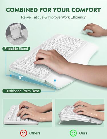 مجموعة لوحة مفاتيح وماوس لاسلكية، لوحة مفاتيح مريحة لاسلكية EAYBLLY Wave Keys مع مسند معصم مبطن، حامل هاتف، مجموعة ماوس لوحة مفاتيح لاسلكية صامتة 2.4 جيجا هرتز للكمبيوتر والكمبيوتر المحمول والكمبيوتر الشخصي والنوافذ in Kuwait