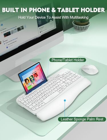 مجموعة لوحة مفاتيح وماوس لاسلكية، لوحة مفاتيح مريحة لاسلكية EAYBLLY Wave Keys مع مسند معصم مبطن، حامل هاتف، مجموعة ماوس لوحة مفاتيح لاسلكية صامتة 2.4 جيجا هرتز للكمبيوتر والكمبيوتر المحمول والكمبيوتر الشخصي والنوافذ in Kuwait
