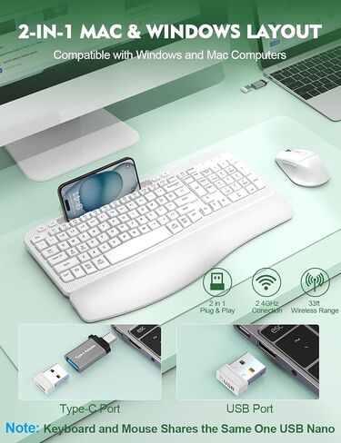 مجموعة لوحة مفاتيح وماوس لاسلكية، لوحة مفاتيح مريحة لاسلكية EAYBLLY Wave Keys مع مسند معصم مبطن، حامل هاتف، مجموعة ماوس لوحة مفاتيح لاسلكية صامتة 2.4 جيجا هرتز للكمبيوتر والكمبيوتر المحمول والكمبيوتر الشخصي والنوافذ in Kuwait