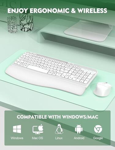 مجموعة لوحة مفاتيح وماوس لاسلكية، لوحة مفاتيح مريحة لاسلكية EAYBLLY Wave Keys مع مسند معصم مبطن، حامل هاتف، مجموعة ماوس لوحة مفاتيح لاسلكية صامتة 2.4 جيجا هرتز للكمبيوتر والكمبيوتر المحمول والكمبيوتر الشخصي والنوافذ in Kuwait