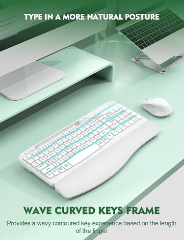 مجموعة لوحة مفاتيح وماوس لاسلكية، لوحة مفاتيح مريحة لاسلكية EAYBLLY Wave Keys مع مسند معصم مبطن، حامل هاتف، مجموعة ماوس لوحة مفاتيح لاسلكية صامتة 2.4 جيجا هرتز للكمبيوتر والكمبيوتر المحمول والكمبيوتر الشخصي والنوافذ in Kuwait