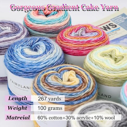 Cake Yarn for Crocheting,Colorful Crochet Yarn 3x100g 60% Cotton 30% Acrylic 10% Wool,Soft Fluffy Gradient Ombré Cotton Yarn for Crocheting Sweater,Blanket,Glove in Saudi Arabia