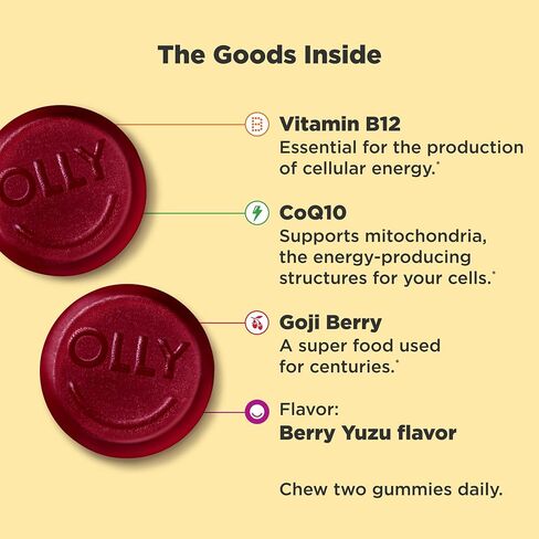OLLY Extra Strength Daily Energy Gummy, Caffeine Free, 1000mcg Vitamin B12, CoQ10, Goji Berry, Adult Chewable Supplement, Berry Yuzu Flavor - 60 Count in Kuwait