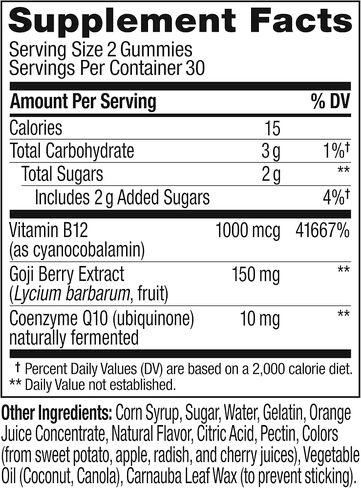 OLLY Extra Strength Daily Energy Gummy, Caffeine Free, 1000mcg Vitamin B12, CoQ10, Goji Berry, Adult Chewable Supplement, Berry Yuzu Flavor - 60 Count in Kuwait