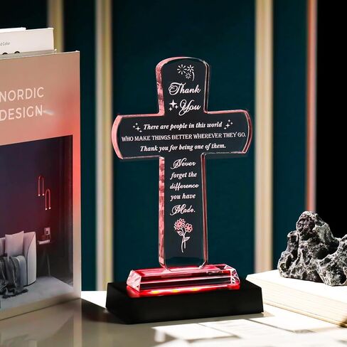 Movdyka Thank You Gifts for Women Men - Crystal Cross-Shaped Plaque with Light Base - Appreciation Inspirational Gift for Boss, Coworker, Teacher, Mentor, Mom, Friend, Doctor Grateful Present Ideas in Saudi Arabia