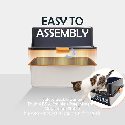 MEEXPAWS Stainless Steel Litter Box with Lid Extra Large XL for Big Cats, Enclosed Metal Litter Box with High Sided Enclosure & Scoop, Non-Sticky, Anti-Urine Leakage, Easy Cleaning in Saudi Arabia