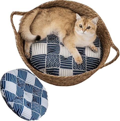 Cat Bed, Straw Woven Cat Baskets Bed, Round Wicker Cat Basket Nest, Non-Slip Cozy Kitten Bed for Cats Small Dog (with Cushion,Large) in Saudi Arabia