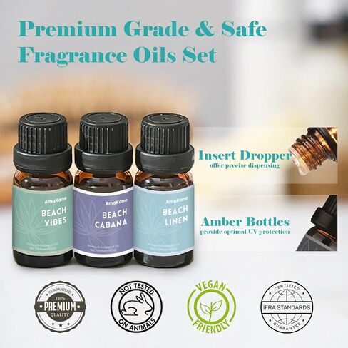 AmaKane Fragrance Oils, Beach Fragrance Oil for Candle Making, Soap Making Scents, Summer Essential Oils for Diffusers for Home 6x10 ml, Beach Linen, Salty Sea, Sunset Glow and More in Kuwait