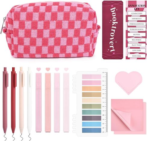 14 PCS Aesthetic Book Annotation Kit Large Checkered Pencil Case book lover bookmark Dual Highlighters Gel Pens Study Supplies Stationary Set for Student Rose Red in Kuwait