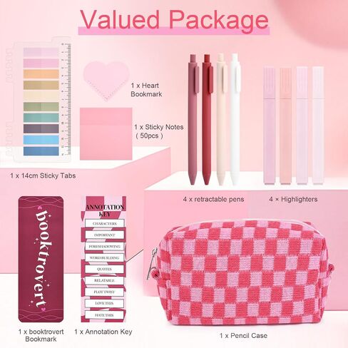 14 PCS Aesthetic Book Annotation Kit Large Checkered Pencil Case book lover bookmark Dual Highlighters Gel Pens Study Supplies Stationary Set for Student Rose Red in Kuwait
