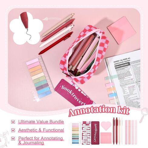 14 PCS Aesthetic Book Annotation Kit Large Checkered Pencil Case book lover bookmark Dual Highlighters Gel Pens Study Supplies Stationary Set for Student Rose Red in Kuwait