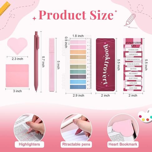 14 PCS Aesthetic Book Annotation Kit Large Checkered Pencil Case book lover bookmark Dual Highlighters Gel Pens Study Supplies Stationary Set for Student Rose Red in Kuwait