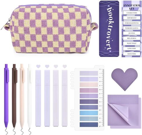 14 PCS Aesthetic Book Annotation Kit Large Checkered Pencil Case book lover bookmark Dual Highlighters Gel Pens Study Supplies Stationary Set for Student Rose Red in Kuwait