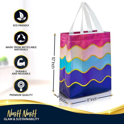 Nush Nush Gradient Gift Bags Medium Size In Bulk – Set of 12 Reusable Gift Bags With Gradient Shiny Wave Pattern - Perfect As Goodie Bags, Birthday Gift Bags, Party Favor Bags - 8x4x10 in Saudi Arabia