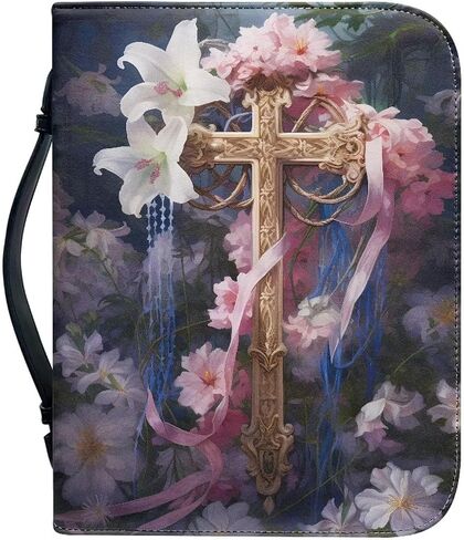 Coeqine Pink Floral Lily Cross Cover Print Bible مع مقابض ، حقيبة حمل للكتاب المقدس المحمولة للنساء بحجم 2XL in Kuwait