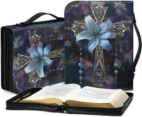 Coeqine Pink Floral Lily Cross Cover Print Bible مع مقابض ، حقيبة حمل للكتاب المقدس المحمولة للنساء بحجم 2XL in Kuwait
