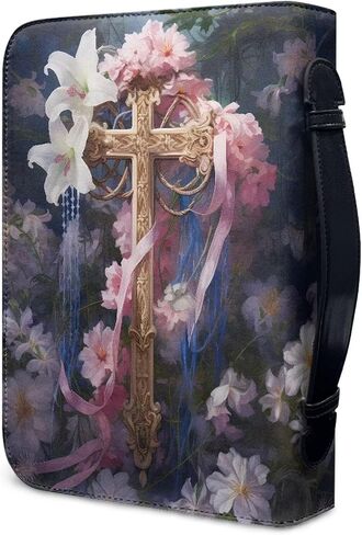 Coeqine Pink Floral Lily Cross Cover Print Bible مع مقابض ، حقيبة حمل للكتاب المقدس المحمولة للنساء بحجم 2XL in Kuwait
