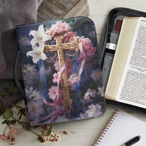 Coeqine Pink Floral Lily Cross Cover Print Bible مع مقابض ، حقيبة حمل للكتاب المقدس المحمولة للنساء بحجم 2XL in Kuwait