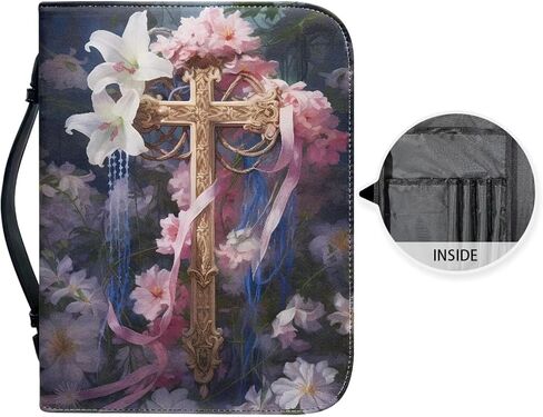 Coeqine Pink Floral Lily Cross Cover Print Bible مع مقابض ، حقيبة حمل للكتاب المقدس المحمولة للنساء بحجم 2XL in Kuwait