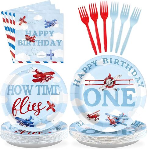 96pcs Airplane أول ديكورات عيد ميلاد للأولاد Red & Blue Airplane لوحات عيد ميلاد أول ومناديل تحدد كيفية زخارف الحفلات الزمنية للبنات استحمام الطفل لمدة عام واحد يقدم 24 in Kuwait