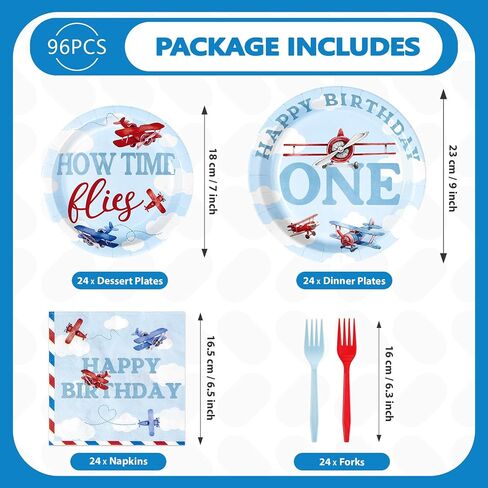 96pcs Airplane أول ديكورات عيد ميلاد للأولاد Red & Blue Airplane لوحات عيد ميلاد أول ومناديل تحدد كيفية زخارف الحفلات الزمنية للبنات استحمام الطفل لمدة عام واحد يقدم 24 in Kuwait