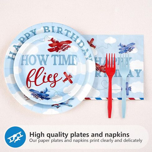 96pcs Airplane أول ديكورات عيد ميلاد للأولاد Red & Blue Airplane لوحات عيد ميلاد أول ومناديل تحدد كيفية زخارف الحفلات الزمنية للبنات استحمام الطفل لمدة عام واحد يقدم 24 in Kuwait