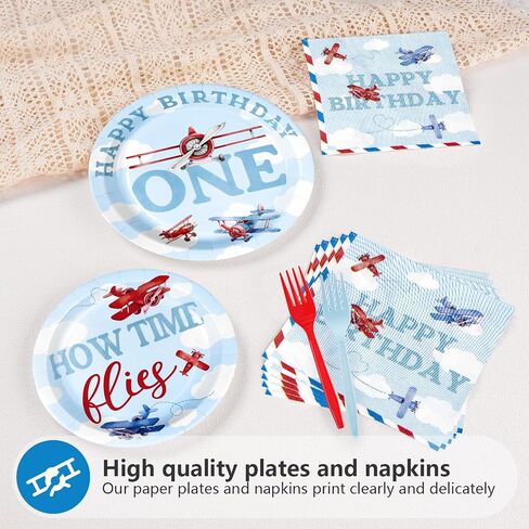 96pcs Airplane أول ديكورات عيد ميلاد للأولاد Red & Blue Airplane لوحات عيد ميلاد أول ومناديل تحدد كيفية زخارف الحفلات الزمنية للبنات استحمام الطفل لمدة عام واحد يقدم 24 in Kuwait