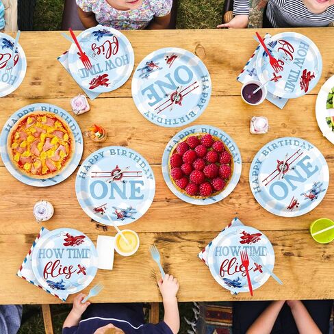 96pcs Airplane أول ديكورات عيد ميلاد للأولاد Red & Blue Airplane لوحات عيد ميلاد أول ومناديل تحدد كيفية زخارف الحفلات الزمنية للبنات استحمام الطفل لمدة عام واحد يقدم 24 in Kuwait