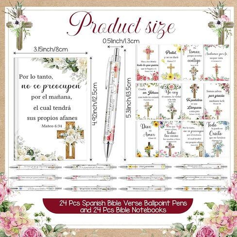 48 Pcs Spanish Christian Bulk Gifts for Women 24 Bible Verse Pens 24 Bible Notebooks Christian Gifts for Mother's Day Nurse Teacher Women(Flowers) in Saudi Arabia