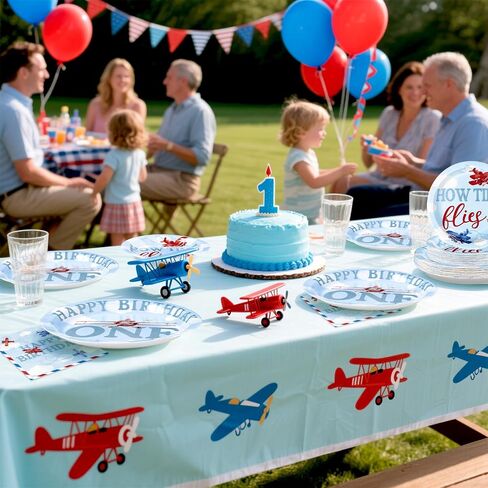 96pcs Airplane أول ديكورات عيد ميلاد للأولاد Red & Blue Airplane لوحات عيد ميلاد أول ومناديل تحدد كيفية زخارف الحفلات الزمنية للبنات استحمام الطفل لمدة عام واحد يقدم 24 in Kuwait